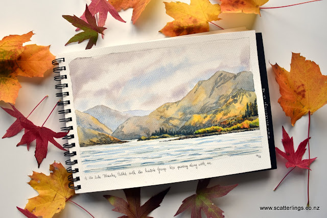 Watercolour sketch of from the Lake Wanaka Outlet