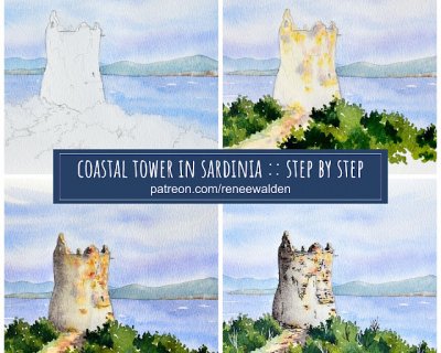 paint a historic coastal tower in sardinia