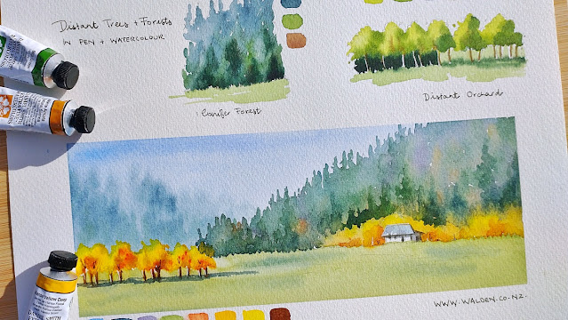 distant trees and forests in pen and watercolour