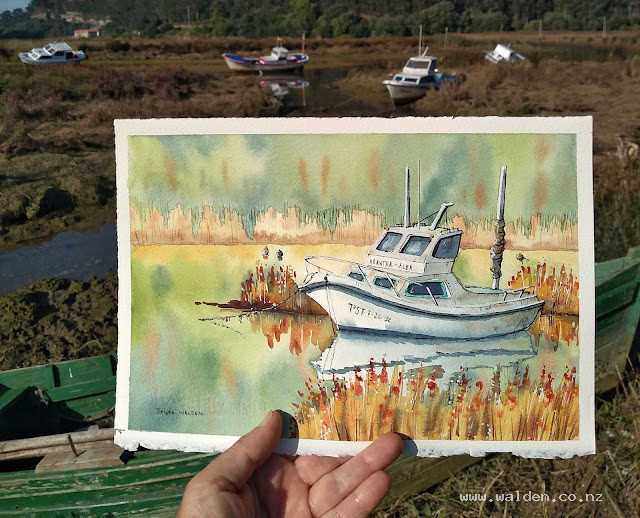 My demo painting of an old boat on Ria Tina Menor for an online class.