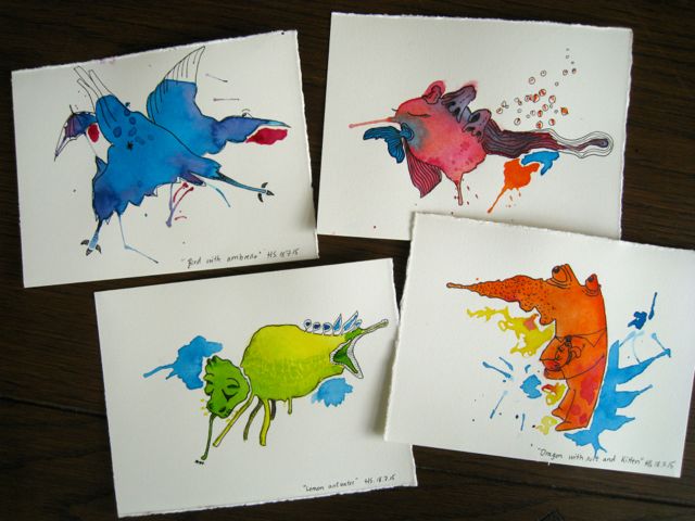 Clockwise from top left : Bird with Umbrella, Sun Salutations on Stingray, Dragon with Suit and Kitten, Lemon Anteater