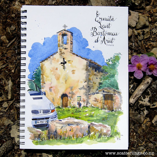 Ermita Sant Bartomeu near Alos de Balaguer, Catalunya. David asked me to put our van in the sketch, so there it is, just peeping in. The old and the new, and part of our van-life story. Still considering doing a series of these.