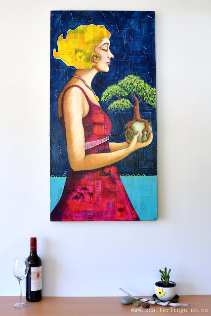 'The Gift' - mixed media painting of Gaia holding a living tree