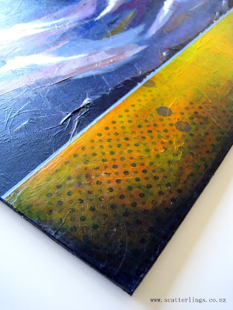 Detail of "Last Light" - acrylics, collage and vintage imagery on wood