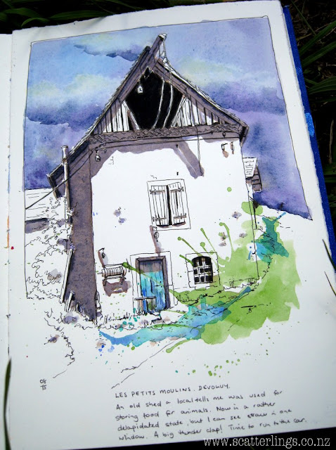 Old barn in Les Petits Moulins, Devoluy. Quick sketch with storm brewing. Lightening and thunder chased me back to the car.