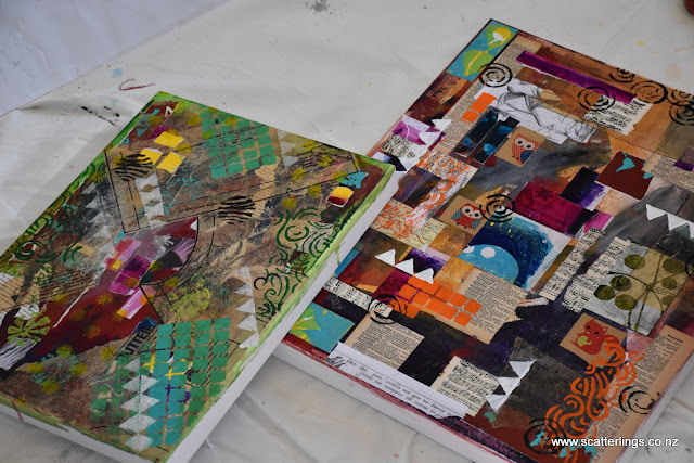 Underpaintings, mixed media on canvas. Heidi on left, mine on right