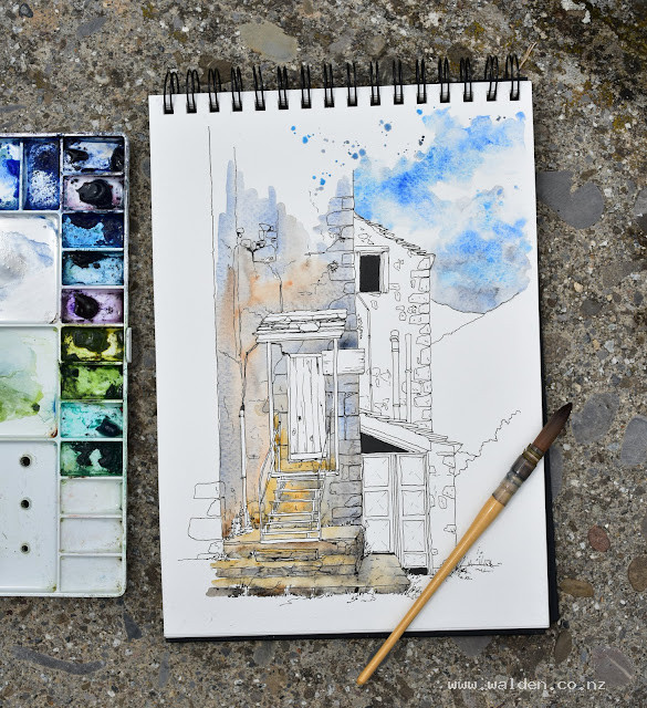 First watercolour wash for the sky and stonework. Wet in wet.