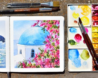 painting bougainvillea framing a Greek chapel