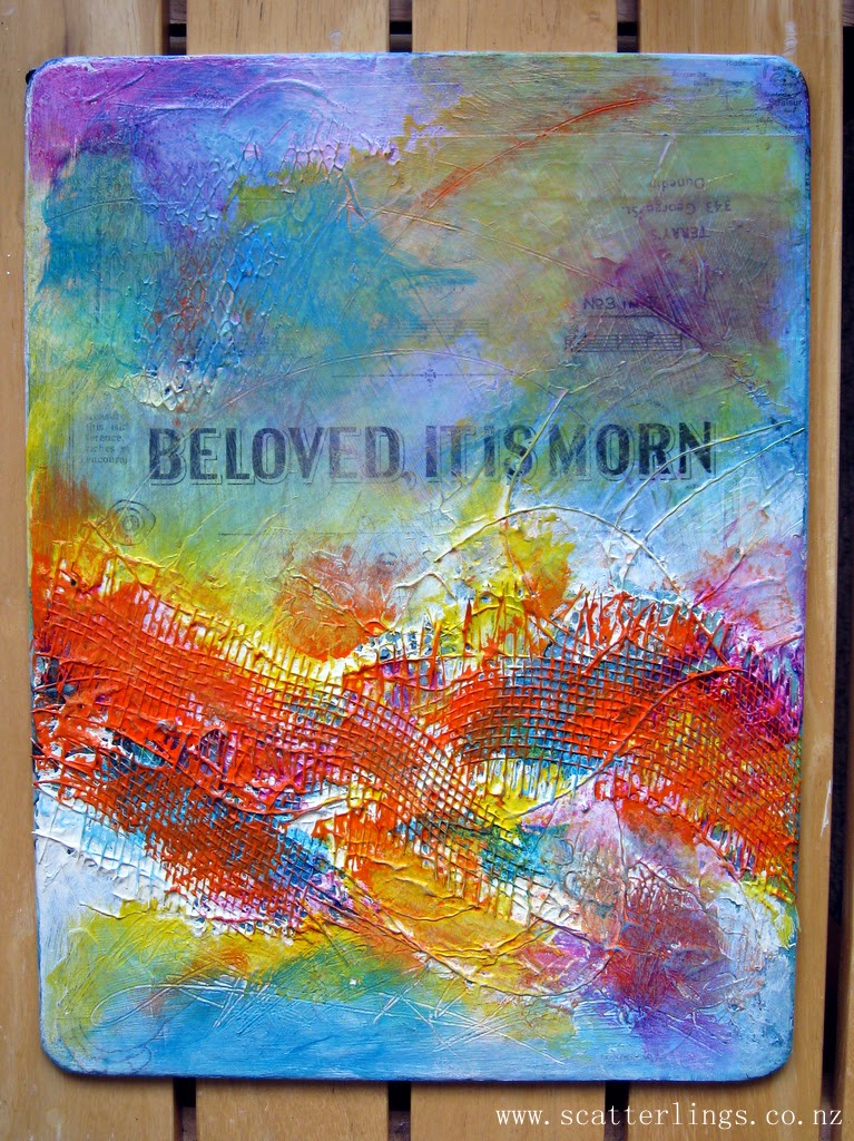 "Beloved, it is morn" - layers of paint and texture added. Still in progress.