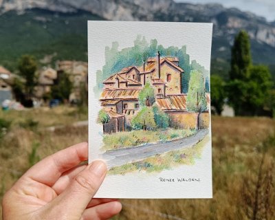 watercolour over coloured pencils