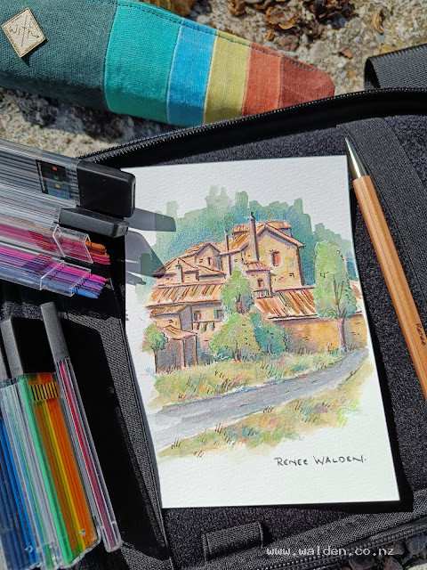 Coloured pencil drawing with watercolours on top