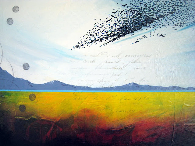 Detail of "Murmuration" - acrylics, vintage image transfers and pencil on canvas