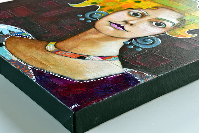 Detail of 'Windswept' : mixed media portrait of a woman