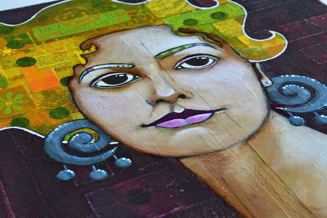 Mixed media portrait of a woman. Detail.