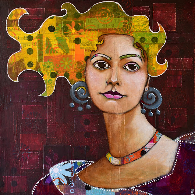 'Windswept' : portrait of a woman. Original mixed media painiting on canvas.