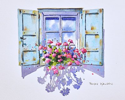 paint a window with geraniums in watercolour