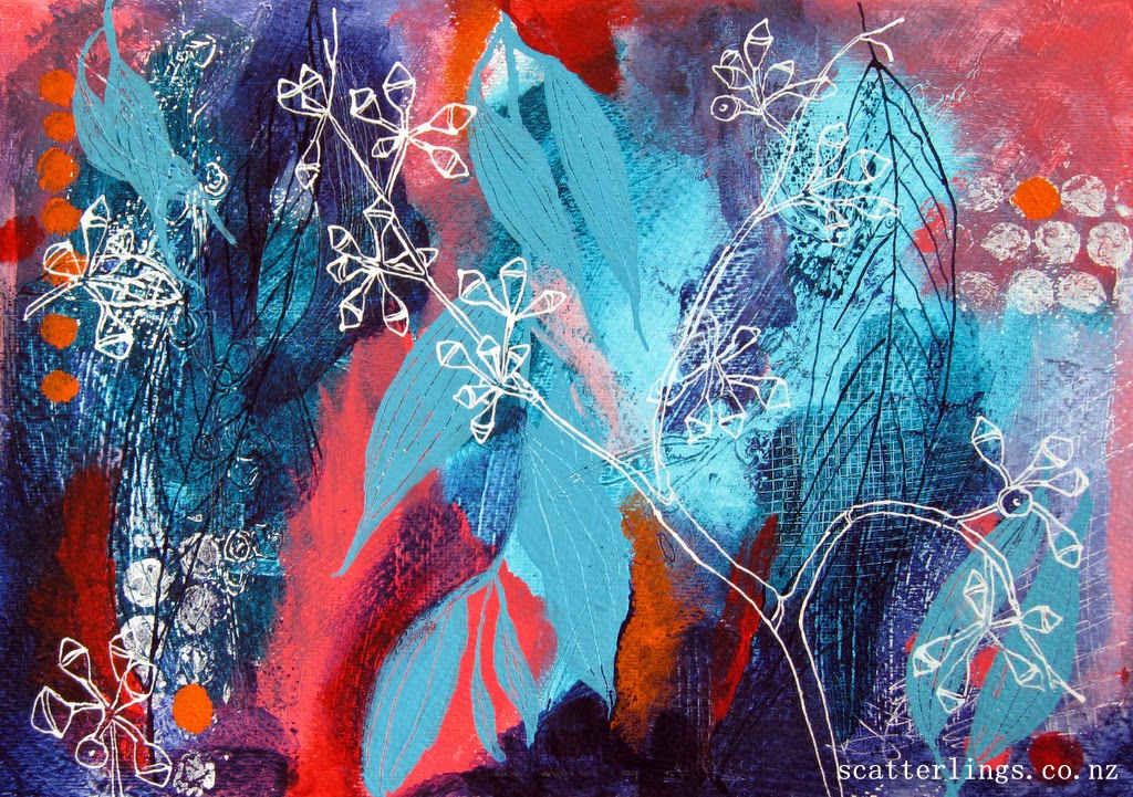 gumnuts & gum leaves - mixed media painting