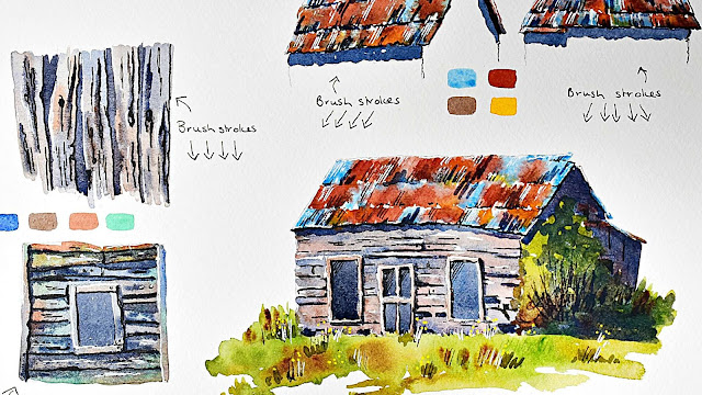 old wood and corrugated iron in pen and watercolour