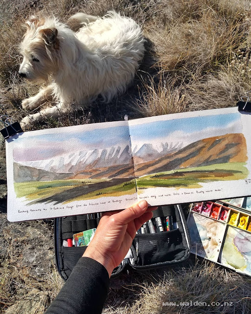 My patient sketching buddy. Sketch of the St Bathans Range with fresh snow.