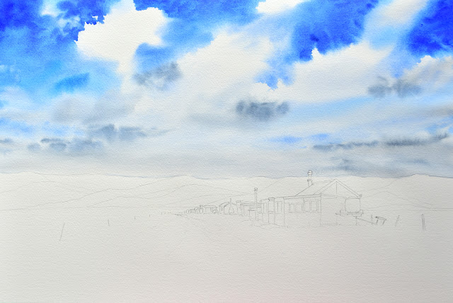 painting fishing huts in pen and watercolour