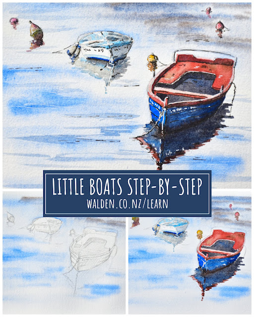 paint little boats in pen and watercolour