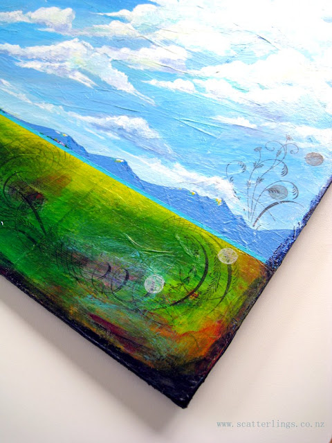 Detail of "Solitude" - many layers of colour in the foreground and vintage pen scroll work