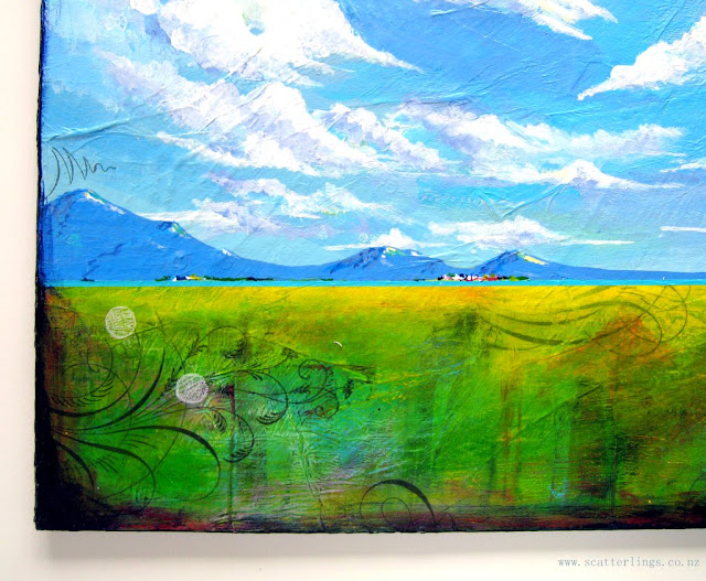 Detail of "Solitude" - abstract landscape reflecting early Autumn in Central Otago, New Zealand