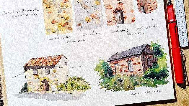 stonework and brickwork in pen and watercolour