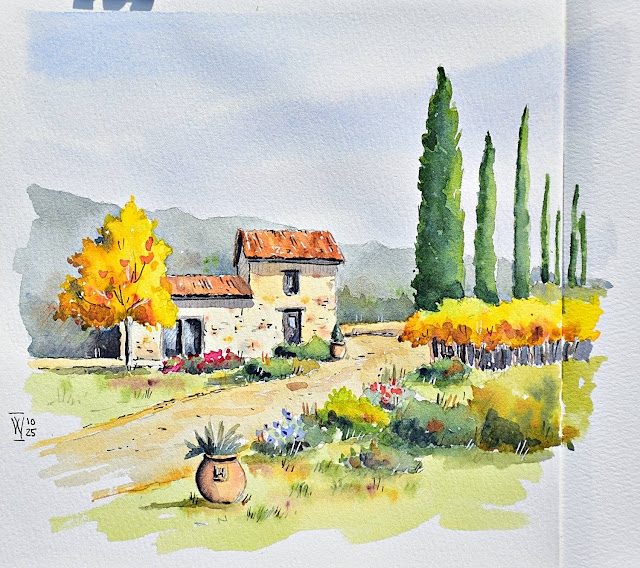 A step-by-step Tuscan sketchbook scene in loose watercolour