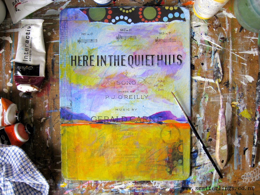 Adding the abstract landscape. I knew I wanted a large yellow field, with a very big sky.