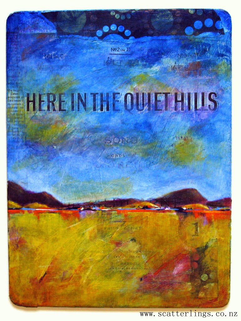 "Here in the quiet hills" - mixed media, abstract landscape on wood.