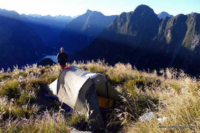 First light catching our tent on Mitre Peak, Milford Sound, Fiordland National Park