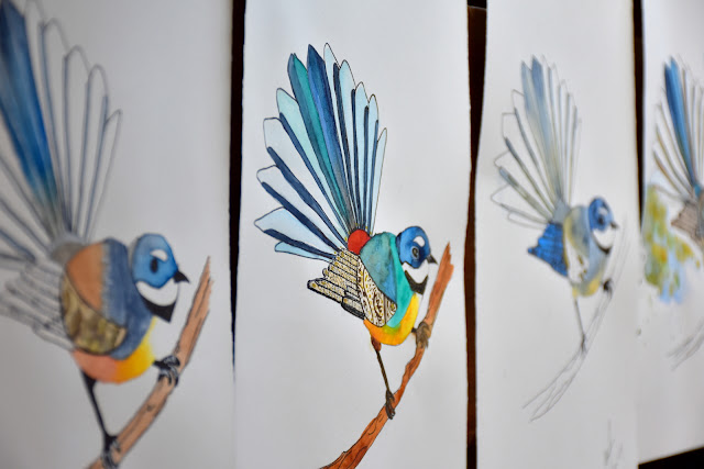 painting birds in watercolour and collage : class photos