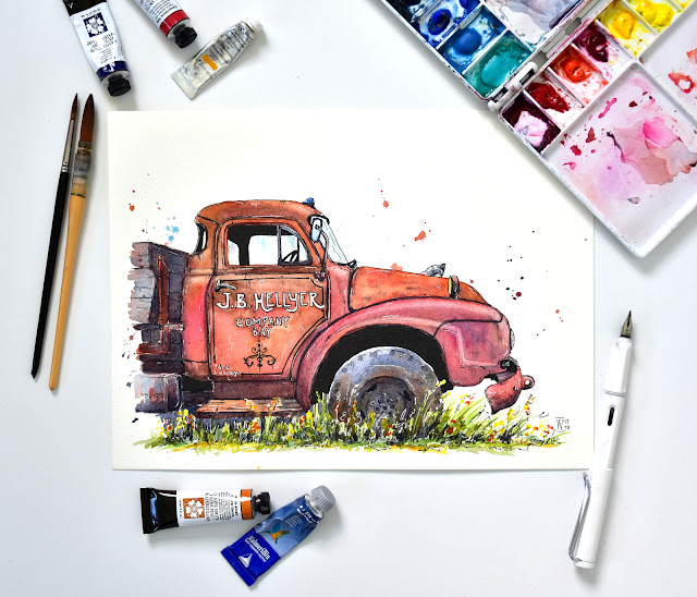 Watercolour and ink painting of a vintage Bedford truck
