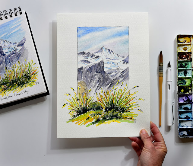 Watercolour painting of Mt Aspiring from the original sketch done on site.