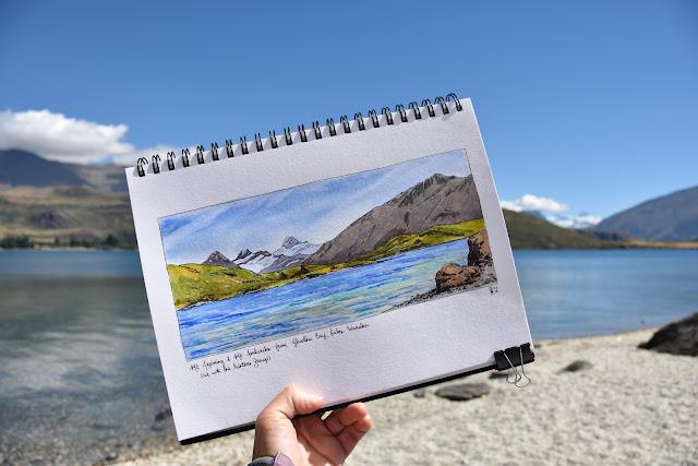 Watercolour sketch of Mt Aspiring from Glendhu Bay