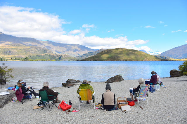 Wanaka Painter's Group sketching Mt Aspiring from Glendhu Bay