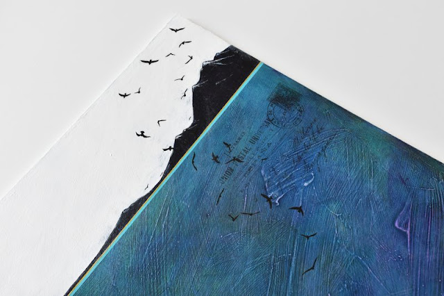 Detail of "Heading South" - sweep of birds over lake and mountains with vintage postcard image