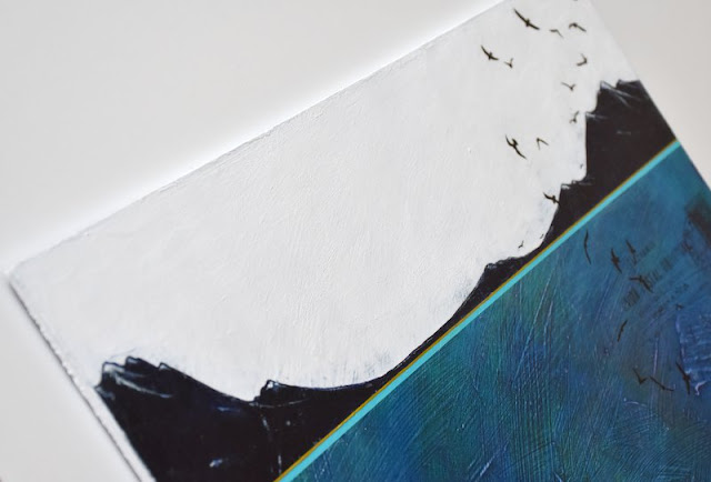 Detail of "Heading South" - fine gold ink line above the teal stripe