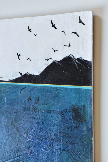 Detail of "Heading South" - a sweep of birds and a vintage postcard