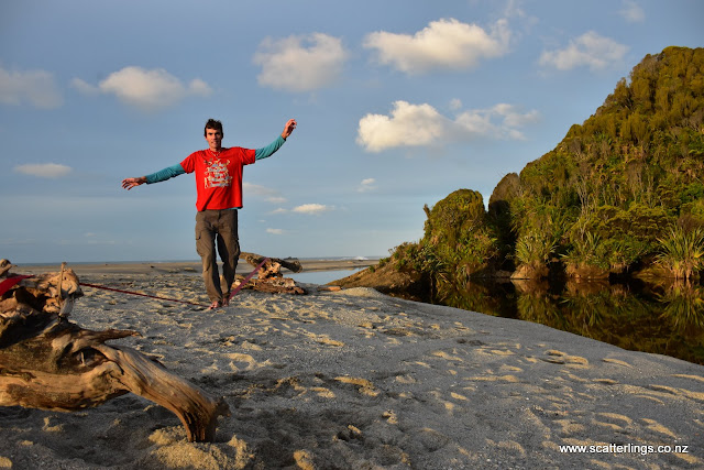 Slacklining on the beach, Westland, New Zealand