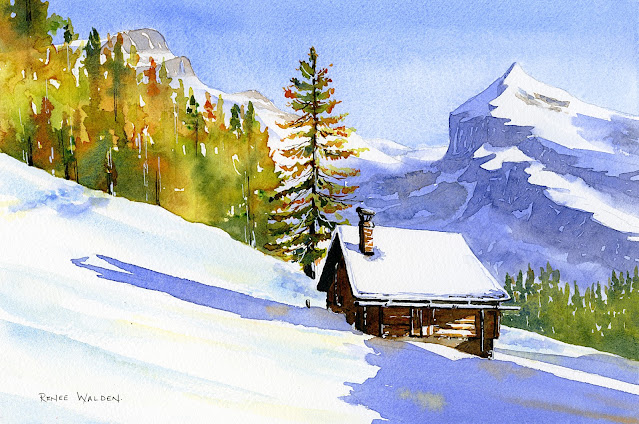 live online painting class - snowy swiss cabin