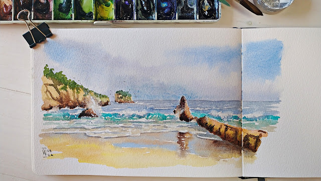 watercolour seascape in asturias, spain