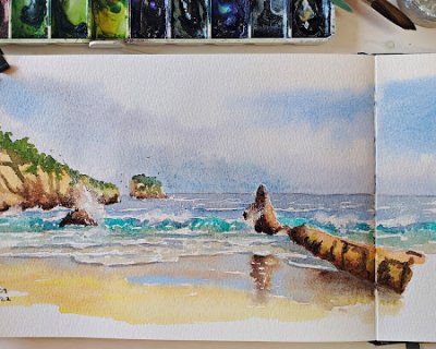 watercolour seascape in asturias, spain
