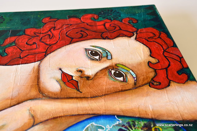 Detail of 'Protect' - lots of layers of colour and texture