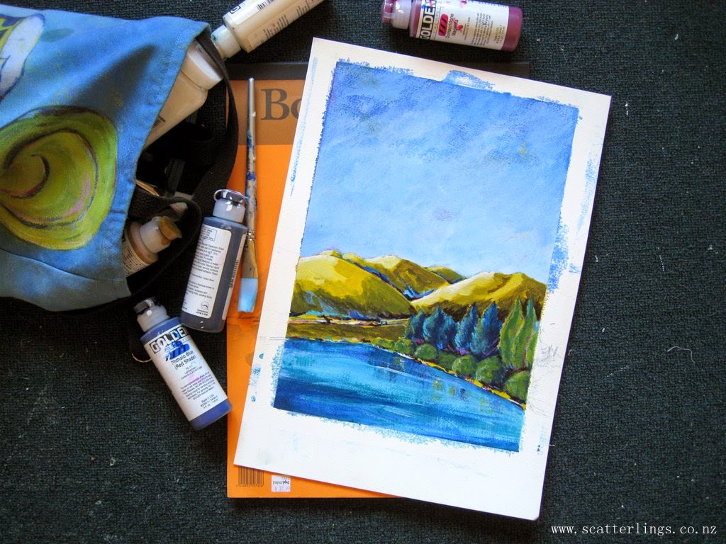 Plein air painting of Lake Dunstan, Cromwell, New Zealand