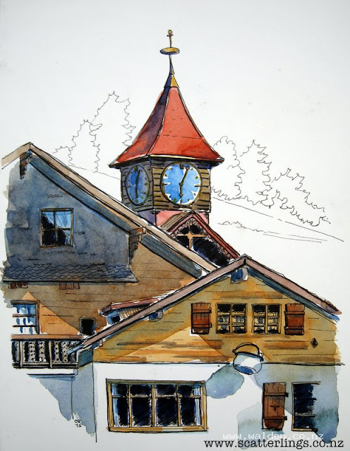 Typical Swiss-style chalets. And a beautiful blue and gold clock with musical chimes.