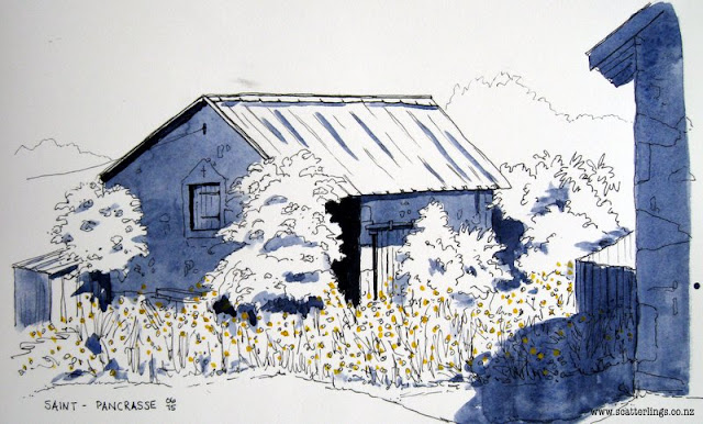 Monochrome pen and watercolour sketch of old barn, France