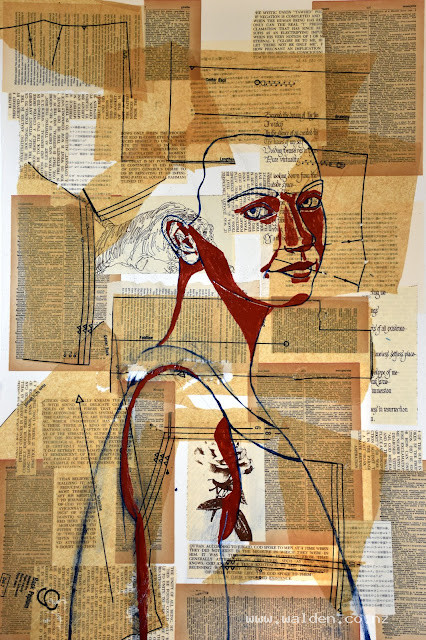 Step 1 : the drawing and blocking in of the darkest shadows over the collaged background