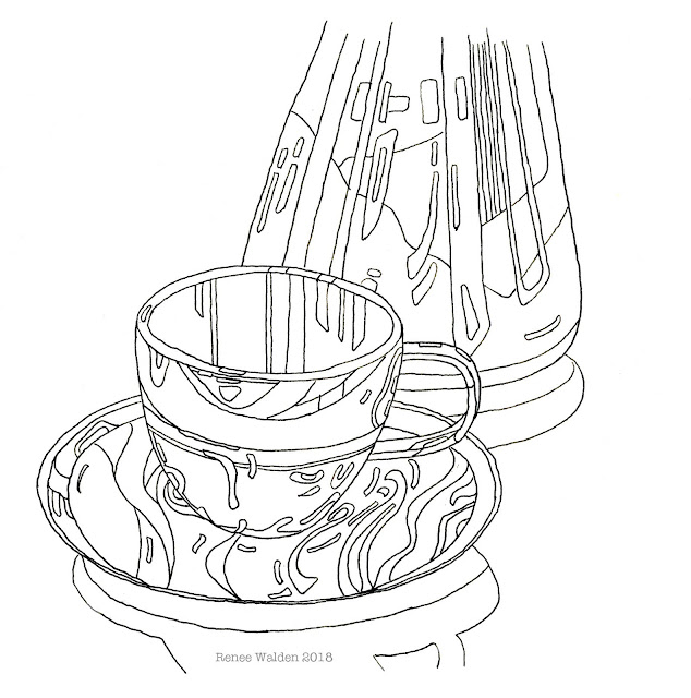 Line drawing of reflections in a stainless steel cup for you to colour yourself.